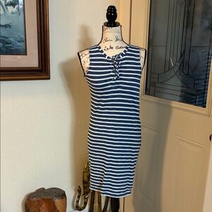 Striped Sleeveless Blue Dress with Lace Up Front Closure